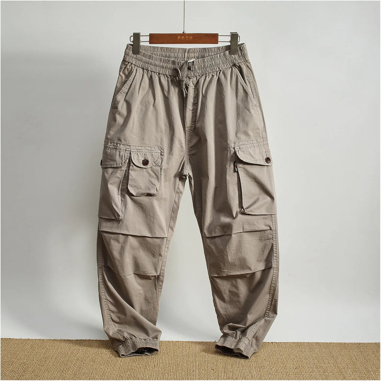 Men Elastic Drawstring Waist Jogger Cargo Pants Multi Button Pockets Vintage Washed Tapered Ankle Cuff Casual Street Trousers