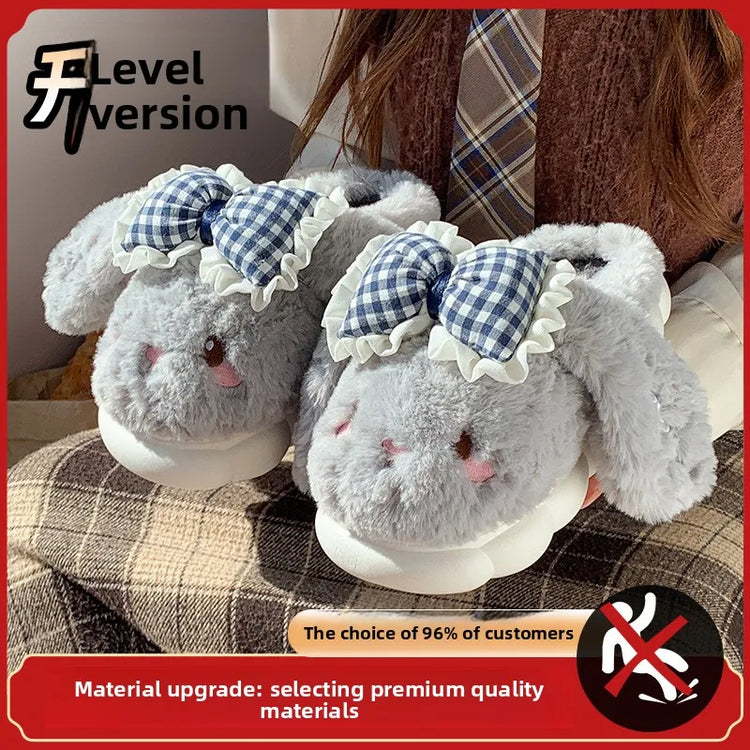 2026 New Women's Cotton Bow Bunny Slippers Winter Indoor Home Warm Household Wool Cotton Shoes Women Wear Indoor Winte
