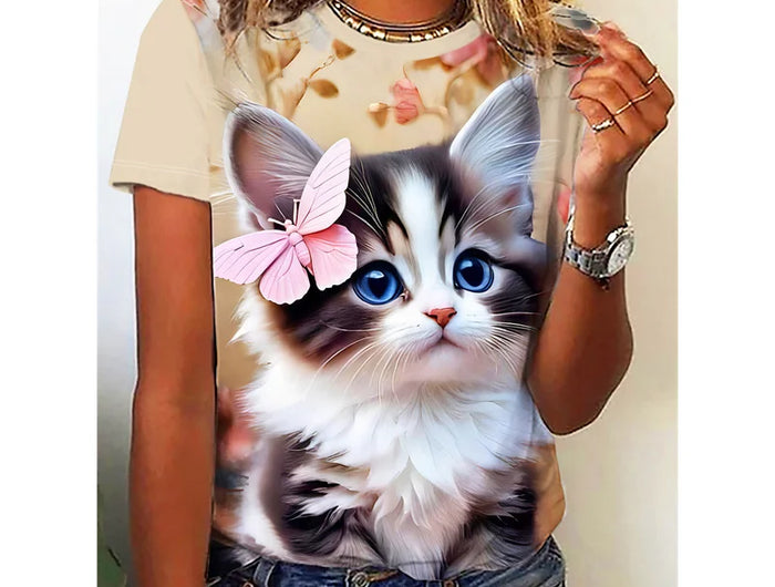 Funny Cat Model T-Shirt for Women Cute Animal 3D Printed Short Sleeve Summer Oversized T-shirt O-Neck Top Tees Streetwear