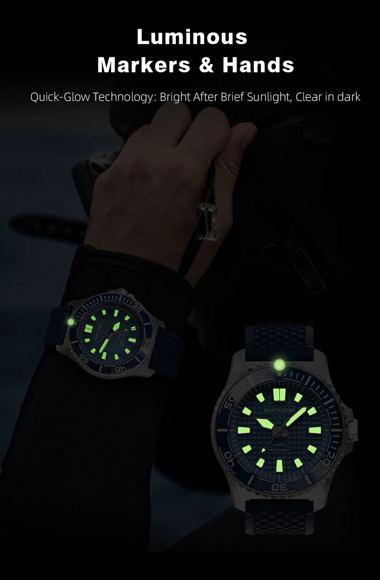 NORTH EDGE NEW Design ABYSS Solar Powered Dive Quartz Wristwatch 200M Waterproof Sports Diving Watch 316L Soft Strap Men Watches