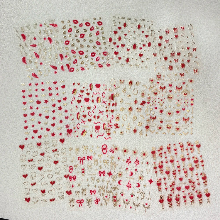 8pc 3D Mixed Color Heart Nail Stickers Valentines' Day Sweet Red Pink Love Selfadhesive Nail Decoration Decals Manicure 2027