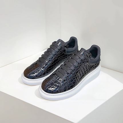 Black Platform Sneakers Men's Cow Leather Round Toe Unisex Low-Top Stone Pattern Lace-up Casual Shoes Retro Flat Shoes Handmade
