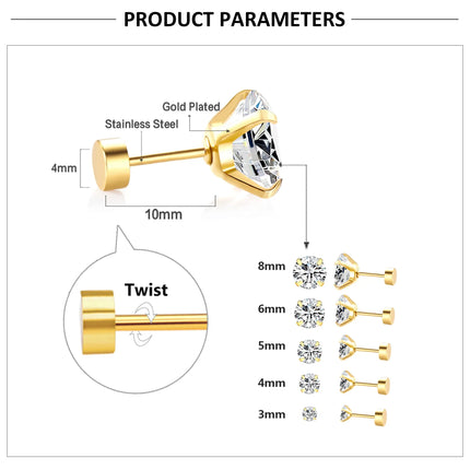 LUXUSTEEL 1Pairs/2Pcs Stainless Steel Crystal Studs Earrings For Women Men 4 Prong Tragus Round Clear Cubic Zirconia Ear Jewelry PlatiNum