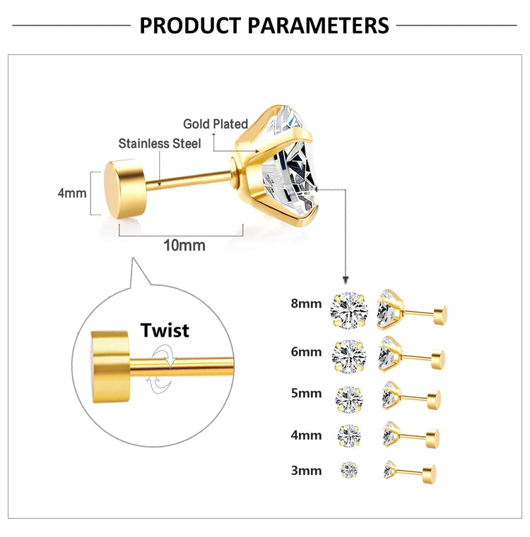 LUXUSTEEL 1Pairs/2Pcs Stainless Steel Crystal Studs Earrings For Women Men 4 Prong Tragus Round Clear Cubic Zirconia Ear Jewelry PlatiNum