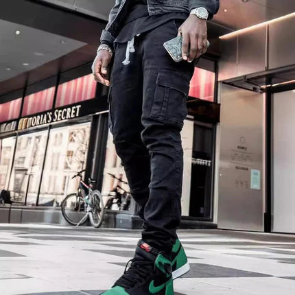 Men Street Elastic Denim Jeans Wash Solid Color Multi Pockets Cargo Pants Casual Slim Fit Daily Wear Joggers Mid Waist Trousers PlatiNum