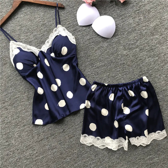 Nuovo set di biancheria intima da donna in due pezzi, composto da canotta e pantaloncini in raso a pois, stile europeo e americano, semplice e casual.