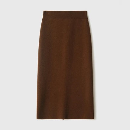 Birdtree,90.3% Sheep Wool 5.8% Cashmere Knitted Skirt,Woman Elastic Waist Straight Skirts,Autumn Rear Slit Maxi Skirt D5O728JF PlatiNum