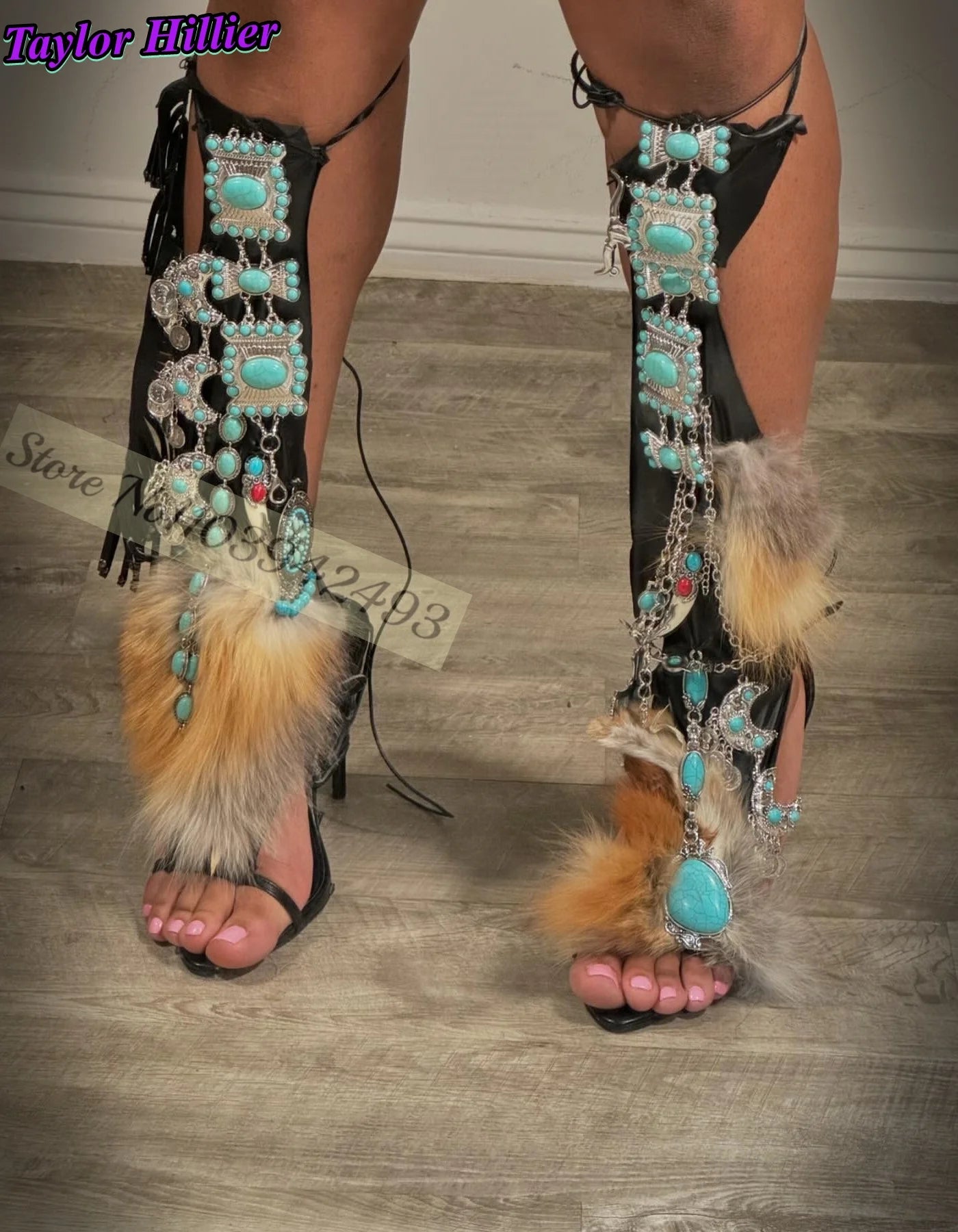 Gladiator Heels Turquoise Fur Wrap Sandals Women Shoes Mixed Color Roman Thin High Heel Pointed Toe Sandalias De Mujer Summer
