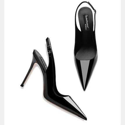 Sexy high-heeled sandals with pointed tips and elegant  summer patent leather strappy fashionable party women's shoes PlatiNum