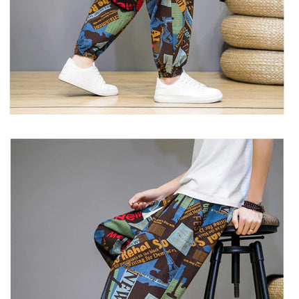 Pantaloni Primavera-Estate da Uomo in Stile Cinese, Sottili e Traspiranti in Cotone e Lino, con Vita Elastica, Pantaloni Harem Stampati Casual e Comodi