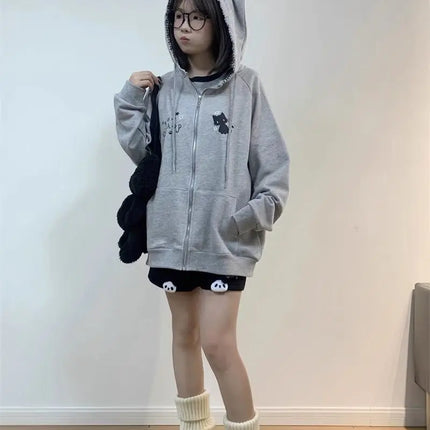 Zipper Hoodie Gothic Cartoon Kawaii Cat Ear Y2k Jacket Zip Up Thin Coat Spring Autumn Cute Core 2000s Clothes Fall Sweatshirts