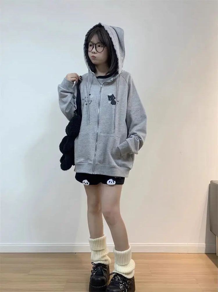 Zipper Hoodie Gothic Cartoon Kawaii Cat Ear Y2k Jacket Zip Up Thin Coat Spring Autumn Cute Core 2000s Clothes Fall Sweatshirts