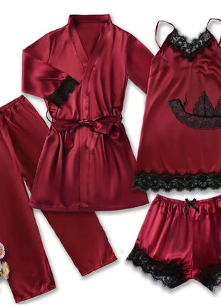 Pigiama da notte in raso da donna Set pigiama rosa Lingerie sexy Accappatoio Patchwork di pizzo Abito da notte in seta Pantaloni Indumenti da notte vestiti per la casa