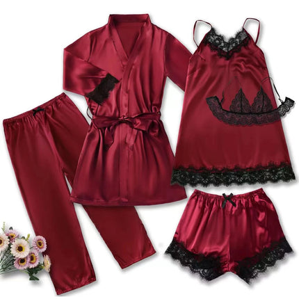 Pigiama da notte in raso da donna Set pigiama rosa Lingerie sexy Accappatoio Patchwork di pizzo Abito da notte in seta Pantaloni Indumenti da notte vestiti per la casa