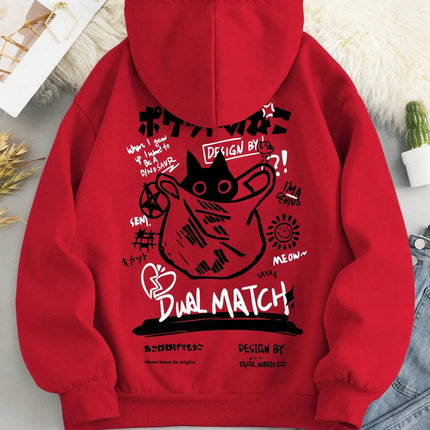 Japan Style Black Cat Hoodie Men Women Outdoor Street Casual Fashion Sport Cartoon Longsleeve Adult Autumn Winter Sweatshirt Top