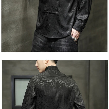 Giacca Tang di alta qualità da uomo camicetta con colletto alla coreana in argento elegante abbigliamento cinese rosso camicie Casual da uomo in raso di seta blu di grandi dimensioni