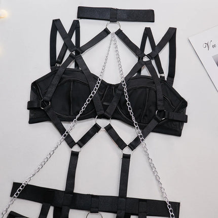 Fashion Sexy Seductive Chain Lingerie Four Piece Set Women's Solid Exotic Apparel Suit Female Stain Pure Desire Style Underwear