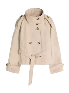 2026 Spring Women's Solid Lace Up Trench Coat Stand Collar Double Breasted Jacket Stylish New Lady Long Sleeve Outerwear Street