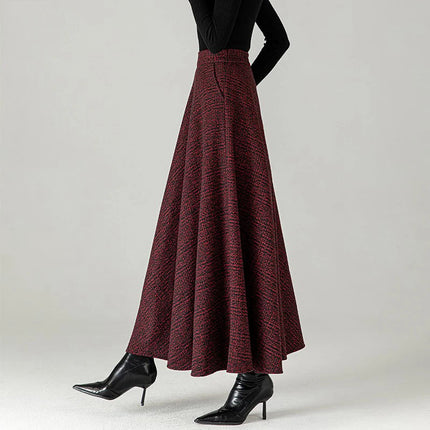 New Women Woolen Plaid Skirt Autumn Winter Fashion Elastic High Waist A-Line Wool Blended Long Skirt Simplicity Vintage Skirt PlatiNum