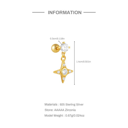 CANNER 1PC 925 Sterling Silver Crown Horse Eye Zircon Heart Flat Head Cartilage Piercing Stud Earring For Women Claasic Earring PlatiNum