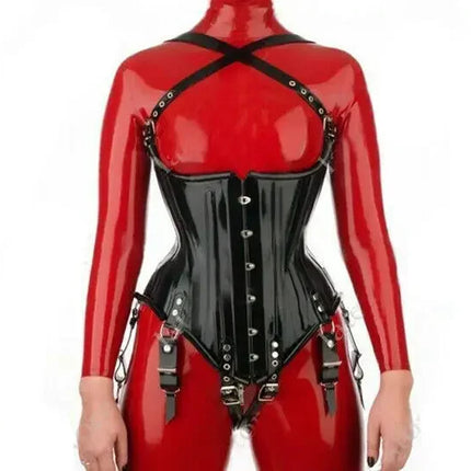 100%Latex Rubber Corset Schwarz Metallschnalle Gummi Korsett Sexy Clubwear 0,4mm