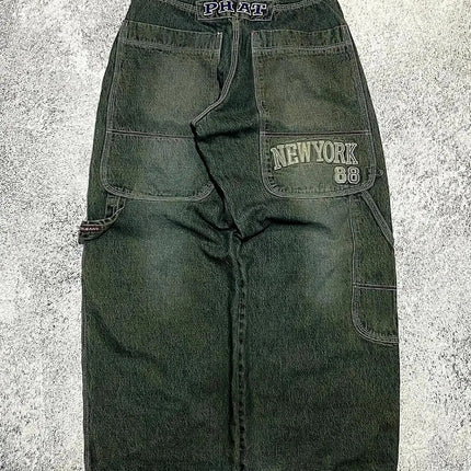 Street Vintage Jeans New Y2K Harajuku Wash Blue Multiple pockets Baggy Jeans Denim Pants Mens Womens High Waist Wide Trousers PlatiNum