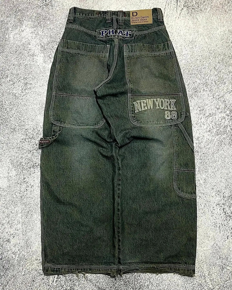 Street Vintage Jeans New Y2K Harajuku Wash Blue Multiple pockets Baggy Jeans Denim Pants Mens Womens High Waist Wide Trousers PlatiNum