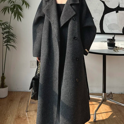 Korean Fashion Dark Gray Stand Collar 100%Wool Coat Women Long Winter Jacket