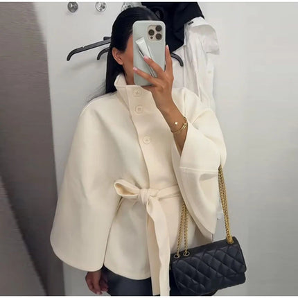 Elegant Wool Blend Cropped Coat With Belt For Women Chic Stand Collar Button Three Quarter Sleeve Jacket 2025 Autumn Outerwear