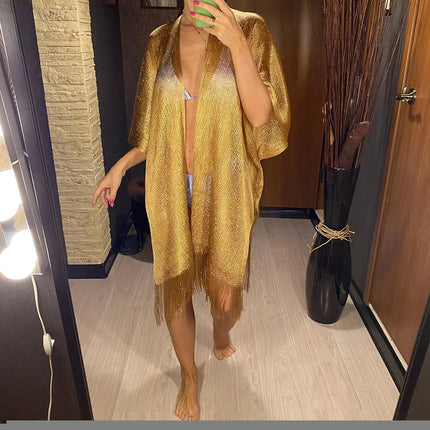 Abito copricostume da spiaggia lavorato a maglia trasparente con nappe sexy con frange Tunica in rete lucida per costumi da bagno da donna Abito da spiaggia leggero con copertura in rete platinumshop