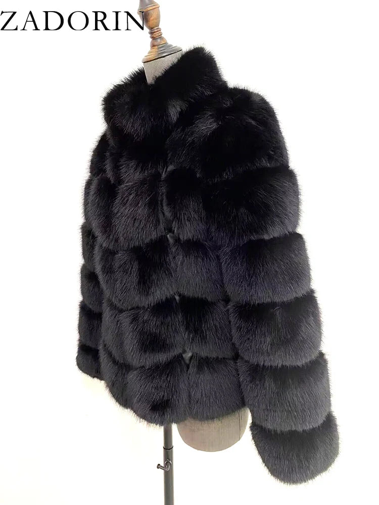 ZADORIN Winter Clothes For Women Stand Collar Splicing Long Sleeve Faux Fur Coat Women Black White Fluffy Jacket Faux Fur Coats