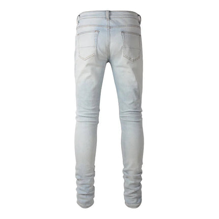Men Pale Light Blue Biker Jeans Cracked Pleated Patch Patchwork Stretch Denim Pants Streetwear Holes Ripped Skinny Trousers PlatiNum