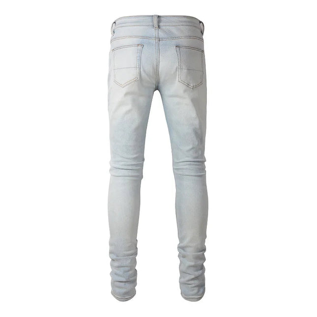 Men Pale Light Blue Biker Jeans Cracked Pleated Patch Patchwork Stretch Denim Pants Streetwear Holes Ripped Skinny Trousers PlatiNum