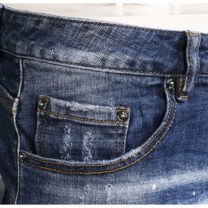 Fashion Streetwear Men Jeans Retro Black Blue Elastic Slim Fit Ripped Jeans Men Spliced Designer Embroidery Hip Hop Denim Pants PlatiNum