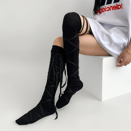 Chaussettes couvre-jambes punk pour femmes avec cravate au mollet Chaussettes à sangle au mollet de danse de ballet Chaussettes fines Y2K Chaussettes cosplay Lolita gothique japonais JK Club