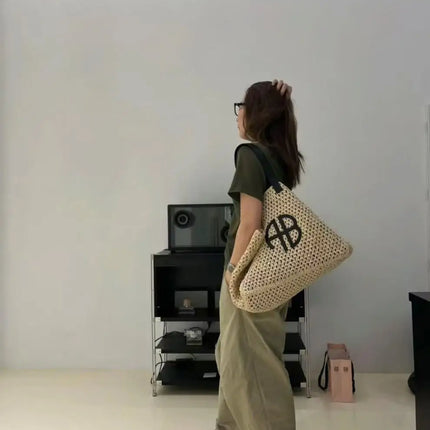 Large Capacity AB Letter Woven Straw Tote Bag, Beach Vacation Women's Striped RIO City Simple Style Casual Travel Bag
