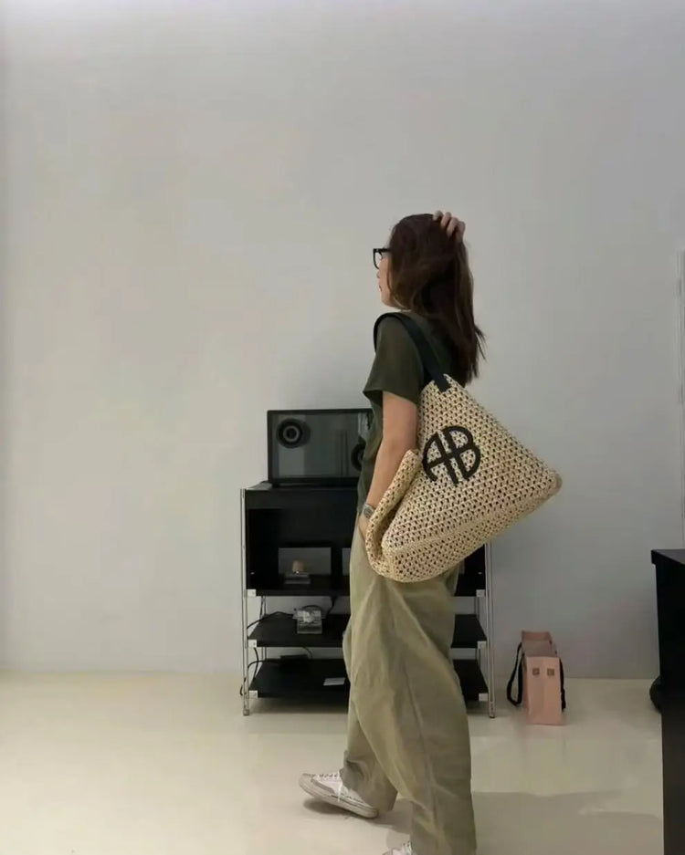 Borsa tote in paglia intrecciata con lettera AB di grande capacità, per vacanze al mare, da donna, a righe, RIO City, stile semplice, borsa da viaggio casual