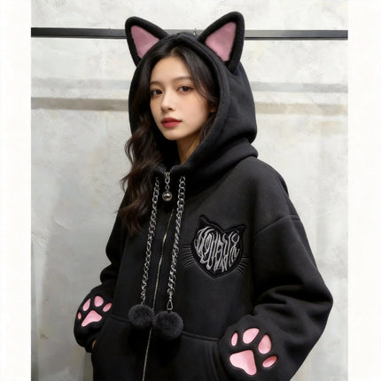 Cute Cat Ear Velvet Hoodies Women Cat Claw Long Sleeve Coat Black Harajuku Y2k 2000s Punk Rock Goth Sweetheart Women Jackets