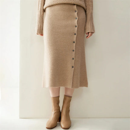 Women 100% Cashmere Skirts Office Lady Autumn Winter Knitted High Waist A-Skirt Graceful Long Warm front-open skirt with buttons PlatiNum
