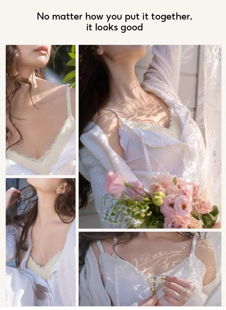 FallSweet French Floral Wireless Push Up Bra for Women Sweet Lace Bralette with Small Breasts Anti-sagging Brassiere Lingerie