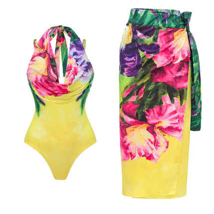 Completo Set Copricostume Elegante da Donna con Volant, Stampa Pittorica, per l'Estate, Sexy, con Body Senza Spalline e Gonna platinumshop