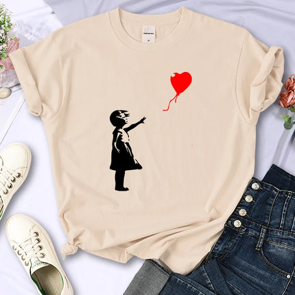 Fly Amore Ballons Imprimés T-shirt Femme Doux et Respirant Manches Courtes Street Hip Hop Tendance Tops Décontractés T-shirt Féminin Vêtements