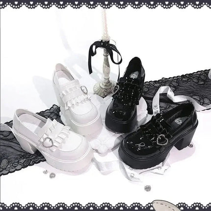 Sweet Heart-Shaped Buckle Lolita High Heels Pump Shoes for Women Y2k PU Leather Waterproof Platform Mary Janes Shoes PlatiNum