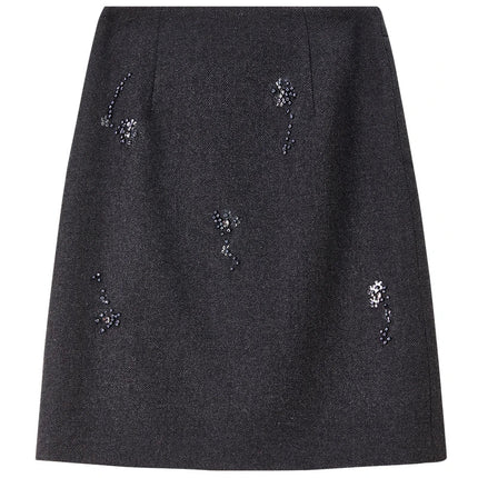 SENTUBILA Women's Straight Skirt 2025 Office Lady Wool Blend Sequin Beading Mid Length Skirt Winter Clothing for Women 154QF6318 PlatiNum