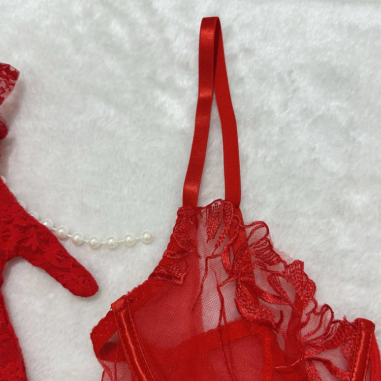 Red Lace Embroidery Bra Set 5-Piece Lingerie Comfortable Push Up Underwear