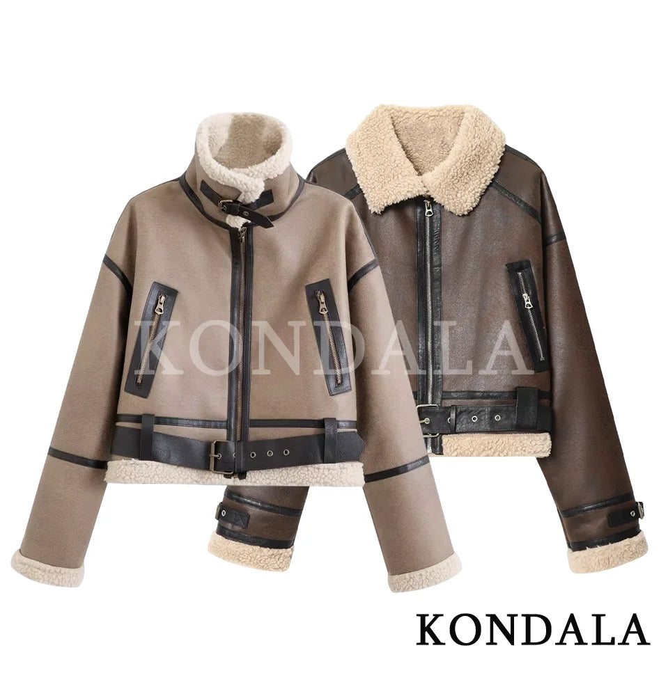 KONDALA Fall Winter Fleece Stand-up Jacket Women's Casual Thickened Warm Zipper Coat 2025 Fashion Retro Motorcycle Style Jacket