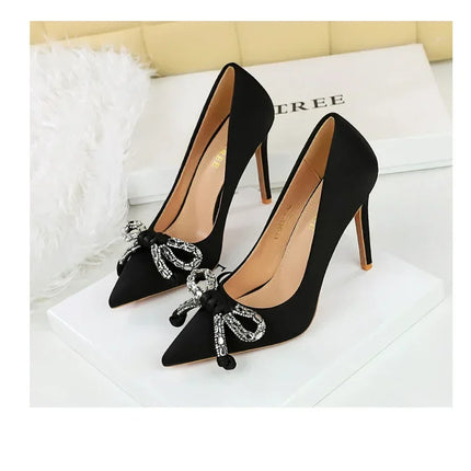BIGTREE Street Style Lusso Fiocco con strass con punta a punta Tacco sottile Bicchiere da vino in seta Tacchi alti Décolleté da donna