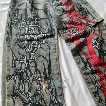 Jeans Y2K Hip Hop Strappati a Gamba Larga, Nuovi Pantaloni Baggy in Denim, Jeans da Donna Autunnali Retrò Harajuku Gothic con Stampa a Spuntoni, Cool Streetwear