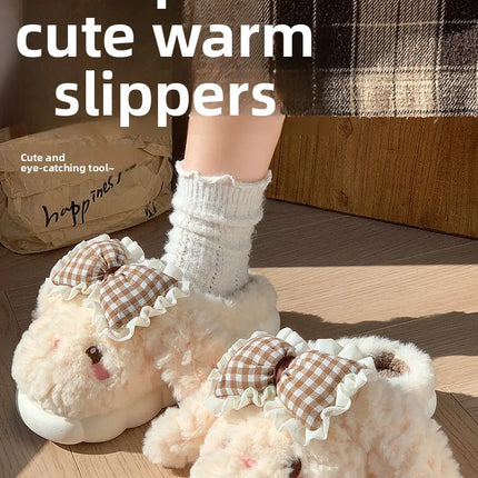 2026 New Women's Cotton Bow Bunny Slippers Winter Indoor Home Warm Household Wool Cotton Shoes Women Wear Indoor Winte