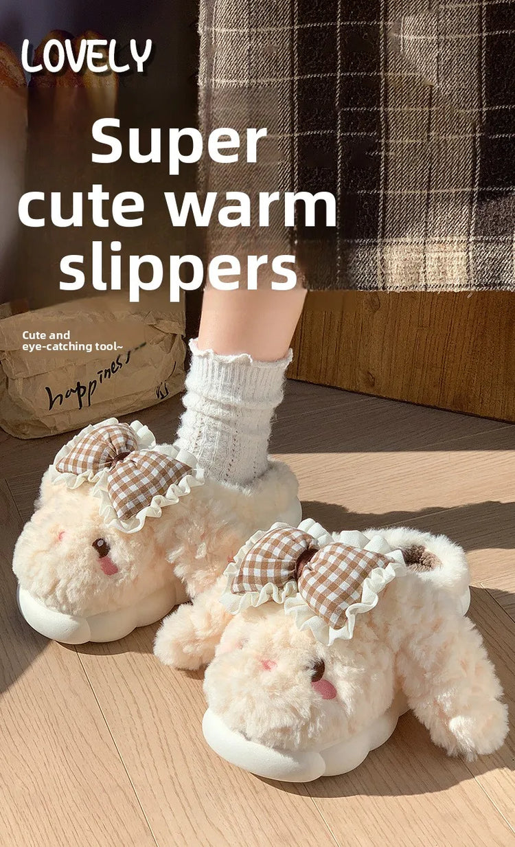 2026 New Women's Cotton Bow Bunny Slippers Winter Indoor Home Warm Household Wool Cotton Shoes Women Wear Indoor Winte